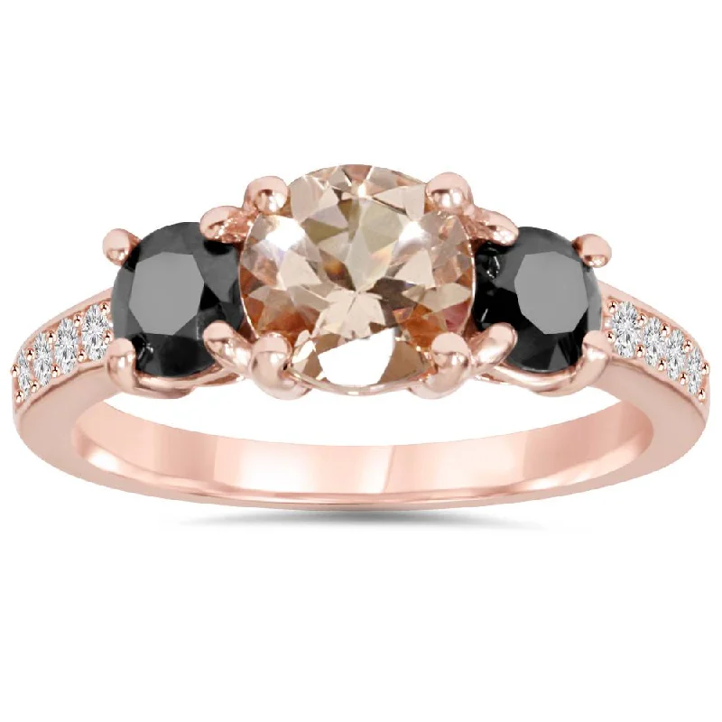 Women’s side diamond engagement rings-2.10Ct Morganite & Black Diamond Engagement 3-Stone Ring 14K Rose Gold