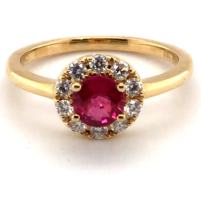 Women’s ring with diamond accents-18K Yellow Gold Round Ruby and Diamond Halo Ring