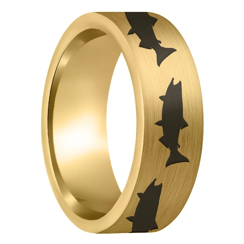 Customizable rings for women-Salmon Fish Brushed Gold Tungsten Men's Wedding Band