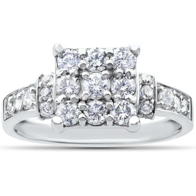 Women’s art deco-inspired engagement rings-1ct Diamond Cluster Halo Engagement Ring 14k White Gold