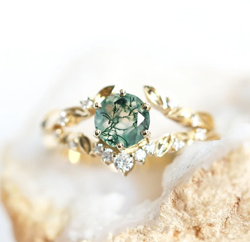 Women’s radiant-cut engagement rings-Leaf Moss Agate Ring Set With Leaf Diamond Band - Ready to Ship