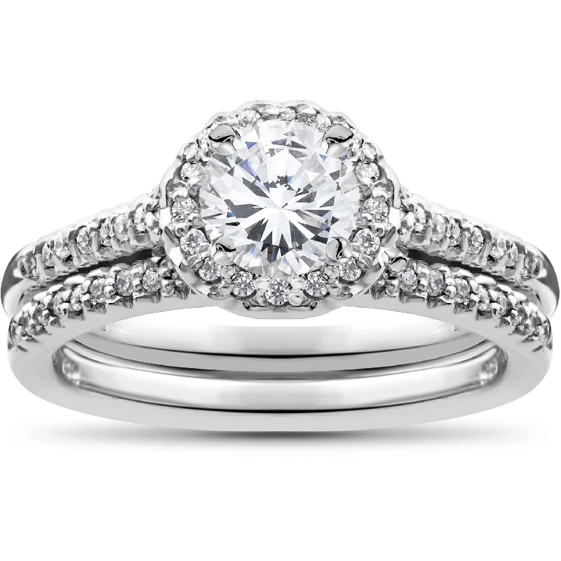 Women’s modern diamond engagement rings-3/4ct Diamond Halo Wedding Engagement Ring Set 10K White Gold