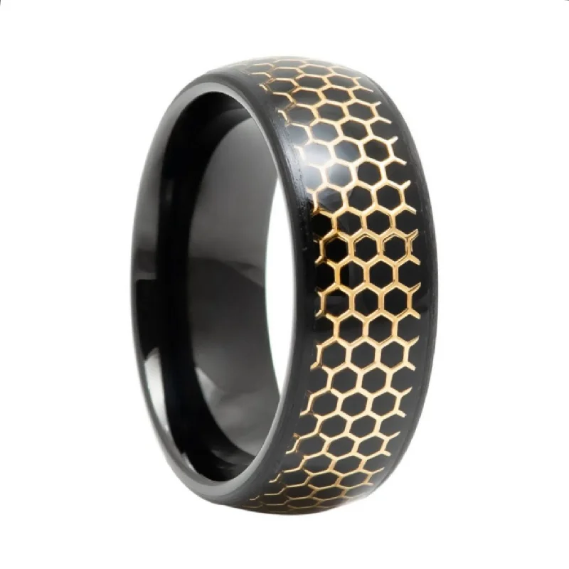 Women’s wedding rings with diamonds-Gold Hexagon Honeycomb Black Tungsten Men's Wedding Band