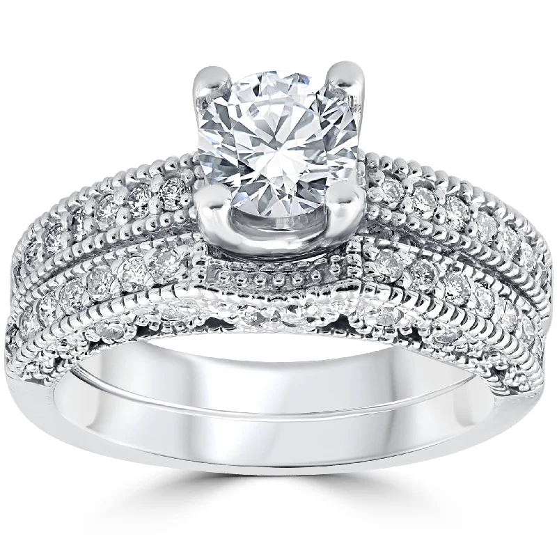 Women’s wedding engagement ring sets-1 1/10ct Vintage Pave Diamond Engagement Wedding Ring Set 14K White Gold