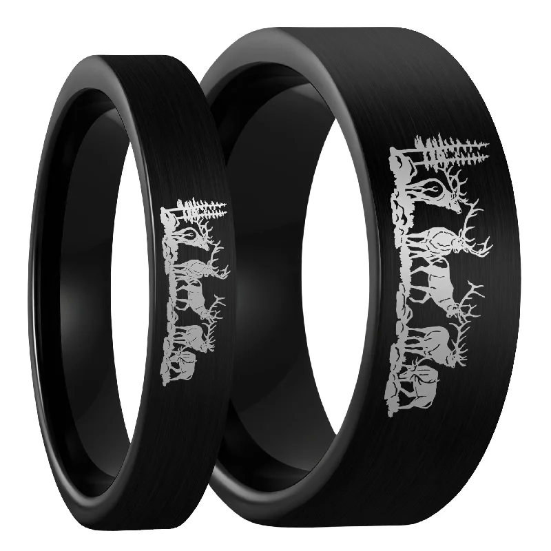 Women’s band rings-Bull Elk Brushed Black Tungsten Couple's Matching Wedding Band Set