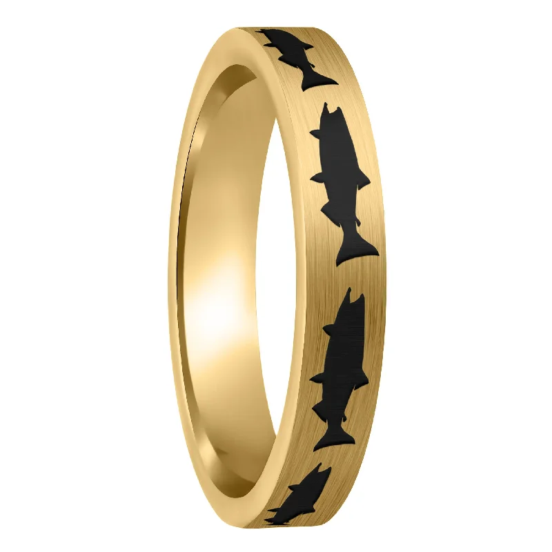 Women’s zirconia rings-Salmon Fish Brushed Gold Tungsten Women's Wedding Band