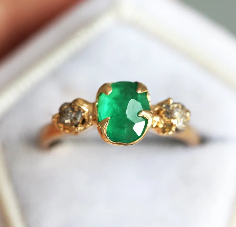 Women’s cushion cut engagement rings-Fancy-Cut Natural Emerald Ring With Raw Diamonds