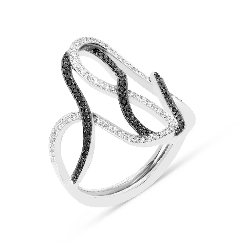 Women’s nature-inspired diamond engagement rings-White and Black Diamond Infinity Loop Ring