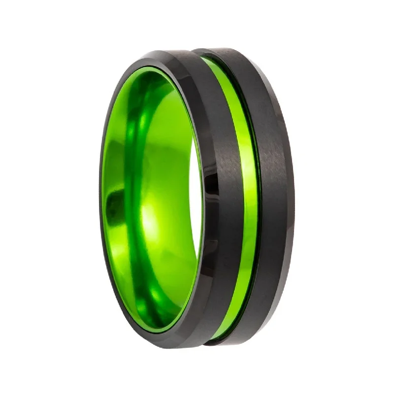 Women’s modern rings-Black Tungsten Men's Wedding Band with Green Groove