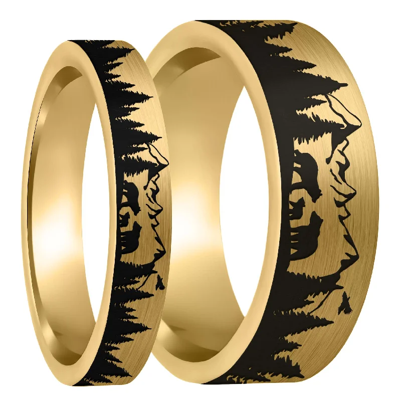 Women’s eternity rings with diamonds-Bear & Cubs Landscape Scene Brushed Gold Tungsten Couple's Matching Wedding Band Set