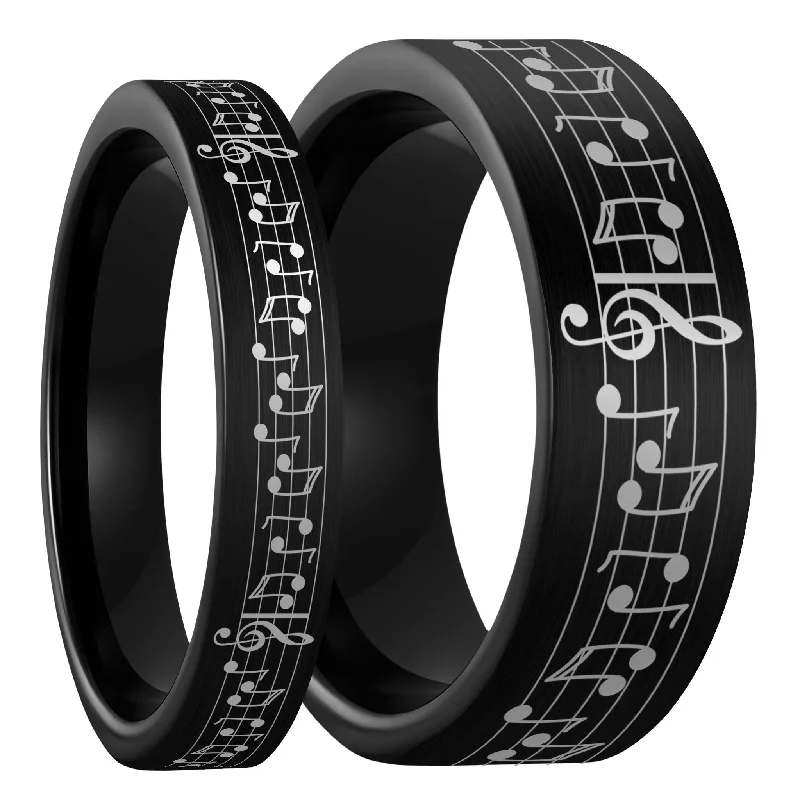 Women’s zirconia rings-Custom Song Music Notes Brushed Black Tungsten Couple's Matching Ring Set