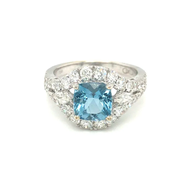 Women’s wedding band engagement rings-18k White Gold 1.36 ct Cushion Aquamarine and Diamond Halo Ring