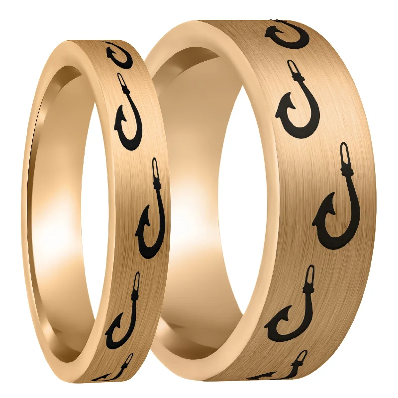 Personalized rings for women-Polynesian Fishing Hook Brushed Rose Gold Tungsten Couple's Matching Wedding Band Set