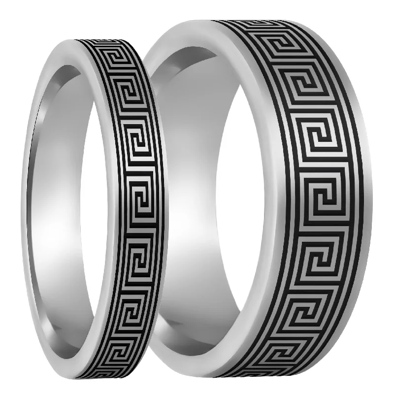 Women’s contemporary rings-Greek Key Tungsten Couple's Matching Wedding Band Set