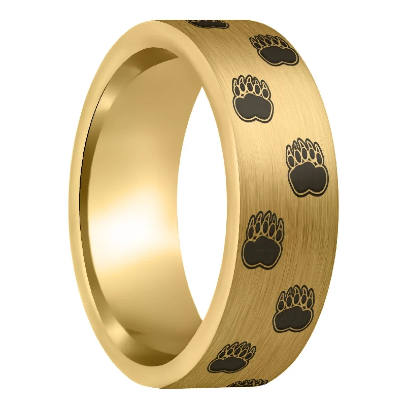 Women’s casual rings-Bear Paw Print Brushed Gold Tungsten Men's Ring