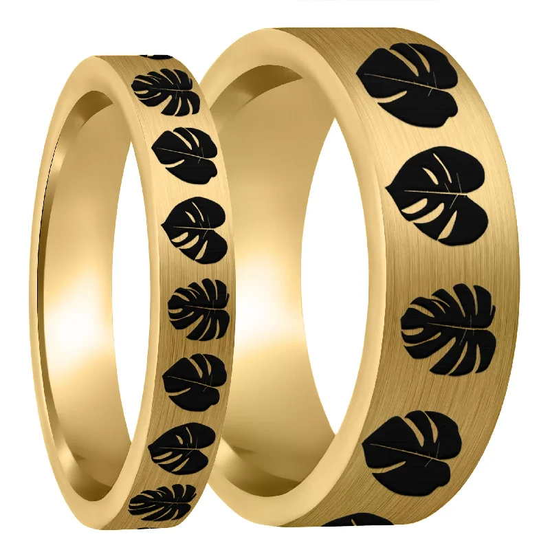 Women’s stackable silver rings-Monsterra Leaves Brushed Gold Tungsten Couple's Matching Wedding Band Set