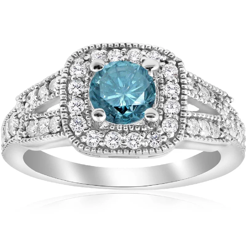 Women’s halo engagement rings-1 1/10ct Blue Diamond Cushion Halo Engagement Ring 14K White Gold