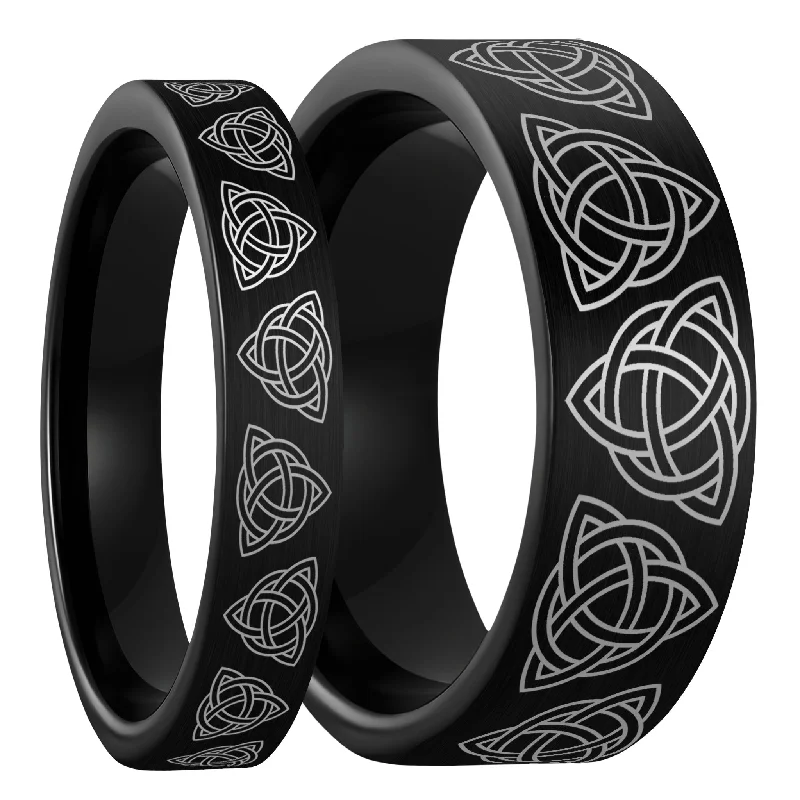 Women’s rings with sapphire stones-Celtic Trinity Knot Brushed Black Tungsten Couple's Matching Wedding Band Set