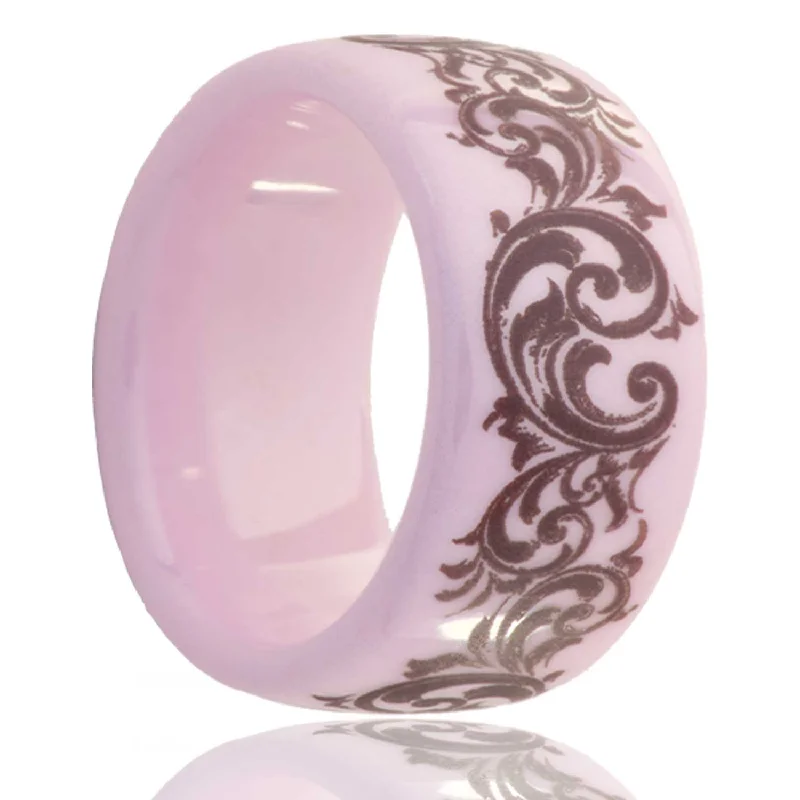 Rose gold rings for women-Swirl Pattern Domed Pink Ceramic Men's Wedding Band