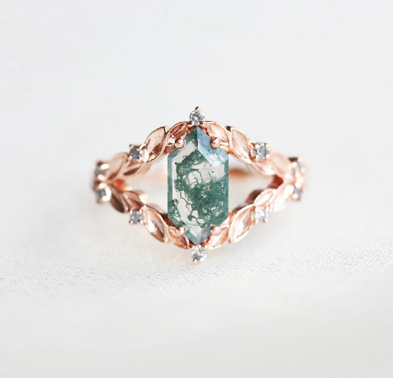 Women’s pave engagement rings-Meredith Hexagon Moss Agate Ring with Salt & Pepper Diamonds