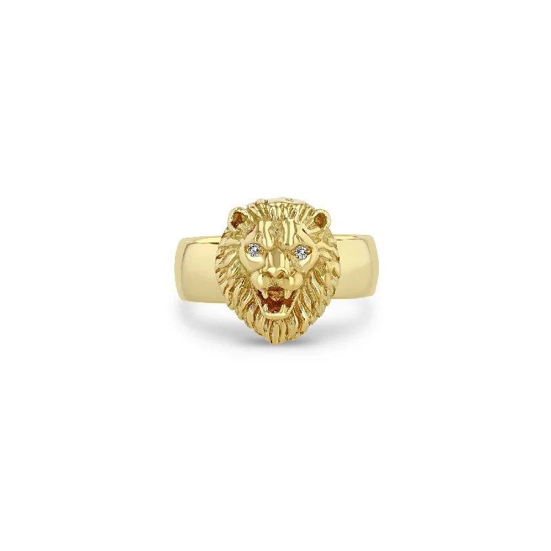 Women’s vintage diamond engagement rings-14k Lion Head with Diamond Eyes Wide Band Ring