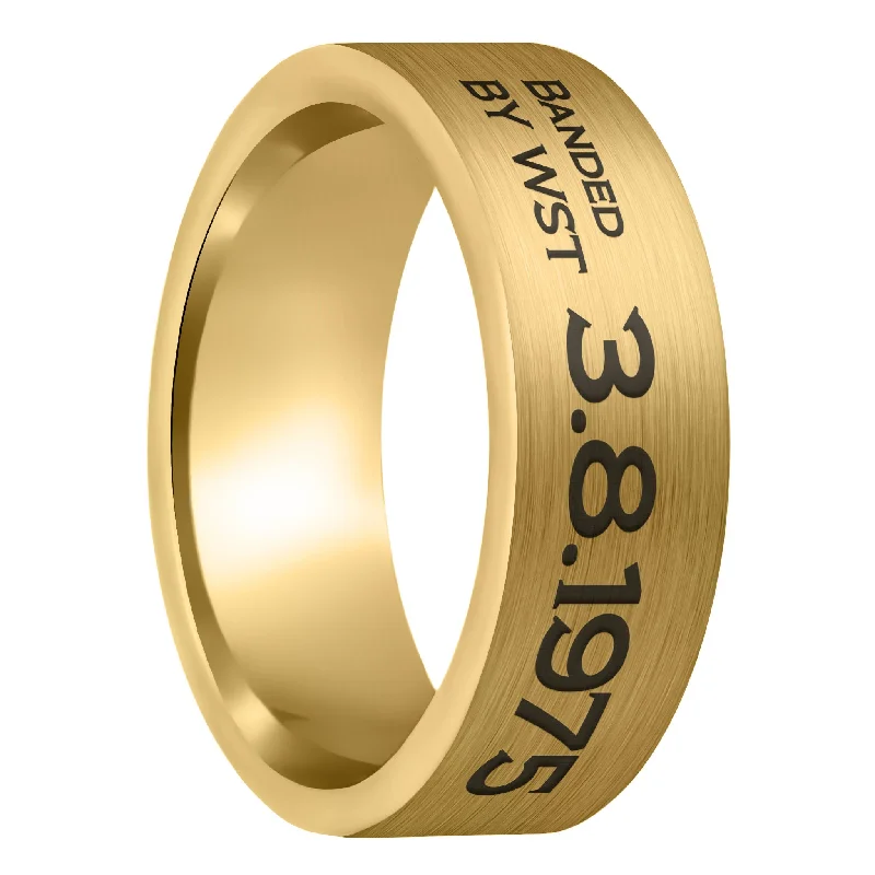 Women’s double band rings-Duck Band Style Custom Engraved Brushed Gold Tungsten Men's Ring