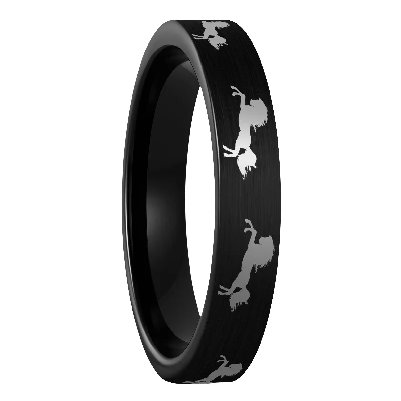 Solitaire rings for women-Rearing Horse Brushed Black Tungsten Women's Wedding Band