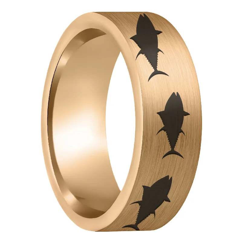 Designer rings for women-Yellowfin Tuna Fish Brushed Rose Gold Tungsten Men's Wedding Band