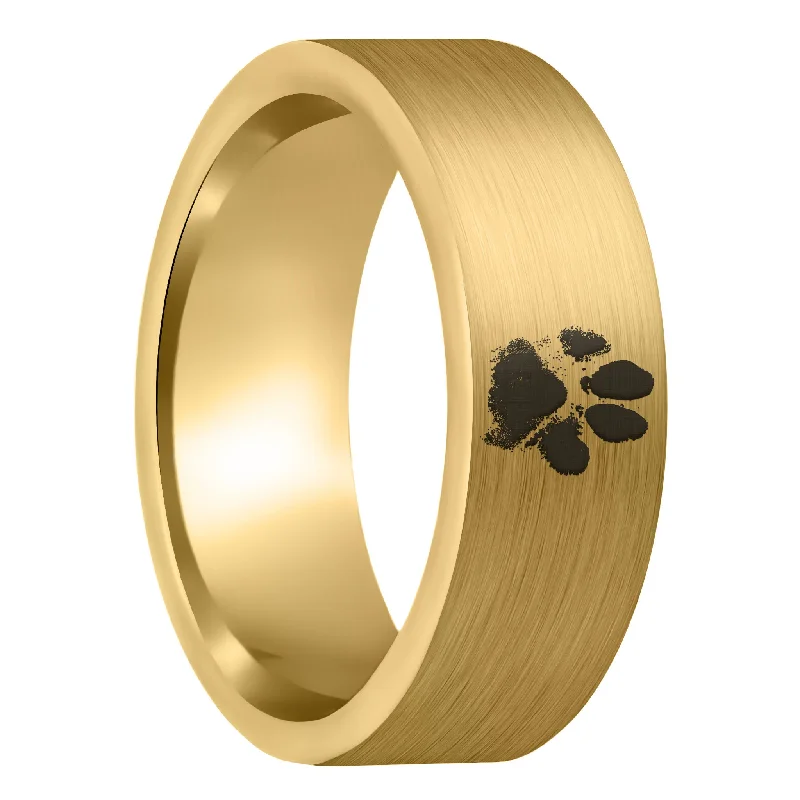 Women’s three-stone rings-Custom Paw Print Brushed Gold Tungsten Men's Ring