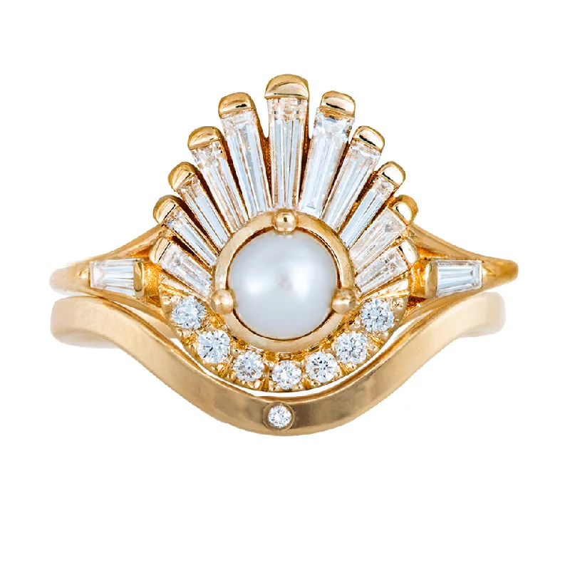 Women’s twist engagement rings-Diamond Seashell Ring Set with Freshwater Pearl