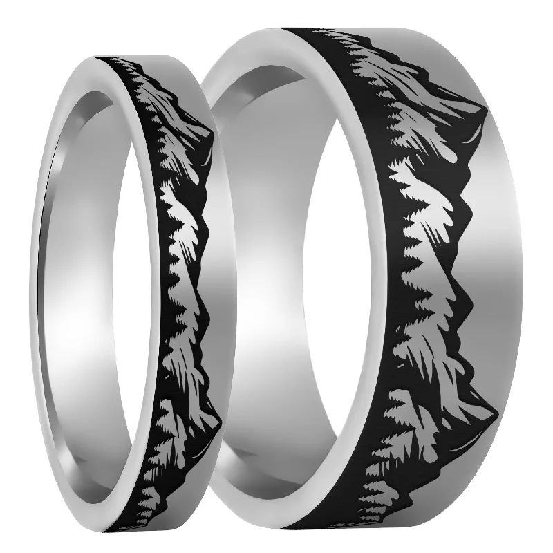 Women’s infinity rings-Mountain Range Forest Tungsten Couple's Matching Wedding Band Set