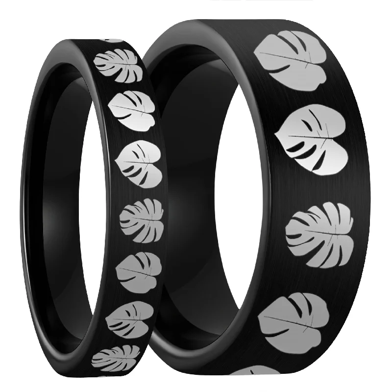 Women’s chunky rings-Monsterra Leaves Brushed Black Tungsten Couple's Matching Wedding Band Set