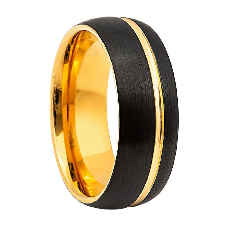 Women’s cubic zirconia rings-Black Tungsten Men's Wedding Band with Yellow Gold Groove