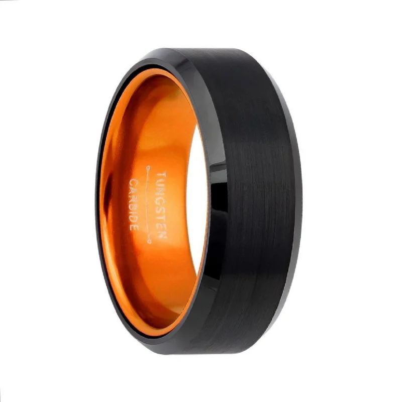 Women’s platinum rings-Flat Black Tungsten Men's Wedding Band with Contrasting Orange Interior