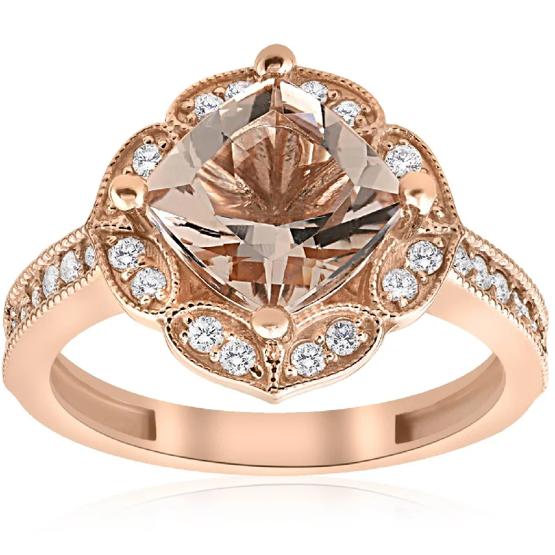 Women’s ethically sourced engagement rings-2 1/3ct Cushion Morganite Vintage Diamond Halo Engagement Ring 14K Rose Gold