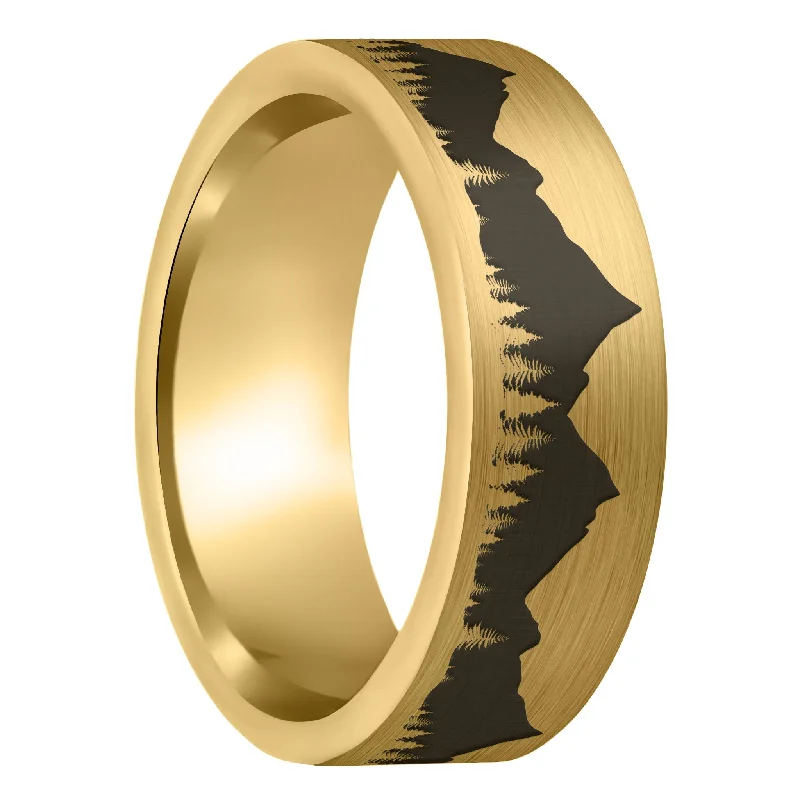 Trendy rings for women-Treeline Mountains Brushed Gold Tungsten Men's Wedding Band