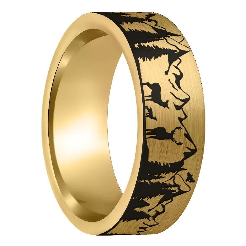 Rose gold rings for women-Deer Mountain Range Brushed Gold Tungsten Men's Wedding Band