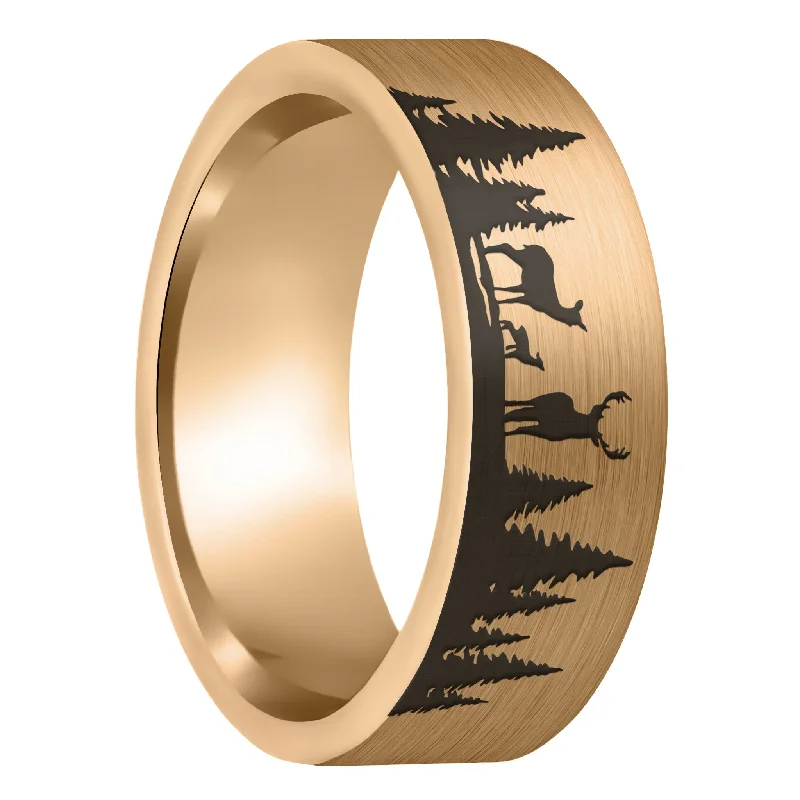 Women’s solitaire engagement rings-Deer Landscape Scene Brushed Rose Gold Tungsten Men's Wedding Band