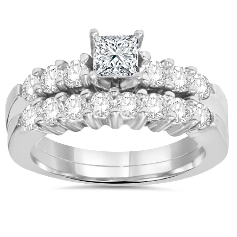 Women’s vintage-inspired engagement rings-Princess Cut Diamond Engagement Ring Set 1 1/4ct Matching Wedding Bands 14k Gold