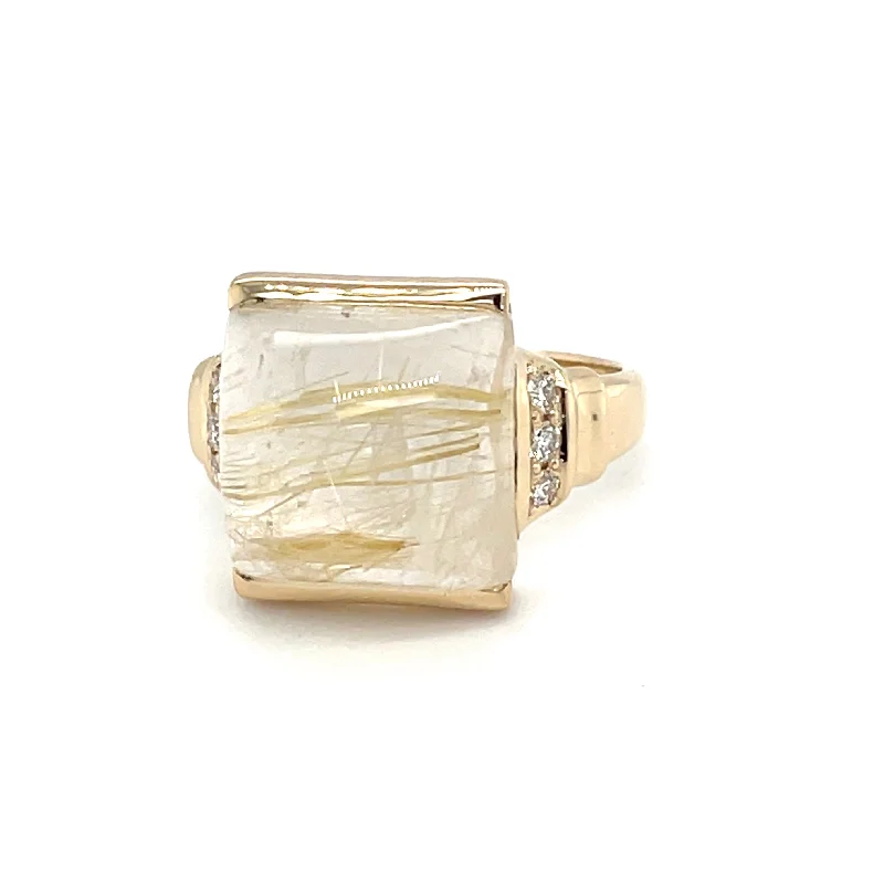 Women’s floral engagement rings-Diamond Rutilated Quartz Ring in 14k Yellow Gold