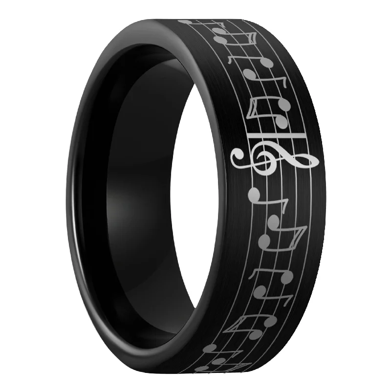 Women’s rings with gold plating-Custom Song Music Notes Brushed Black Tungsten Men's Ring