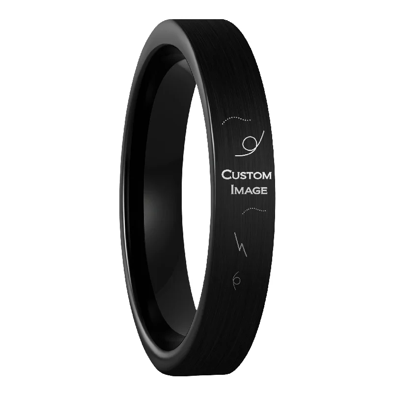 Women’s stackable silver rings-Custom Image Engraved Brushed Black Tungsten Women's Ring