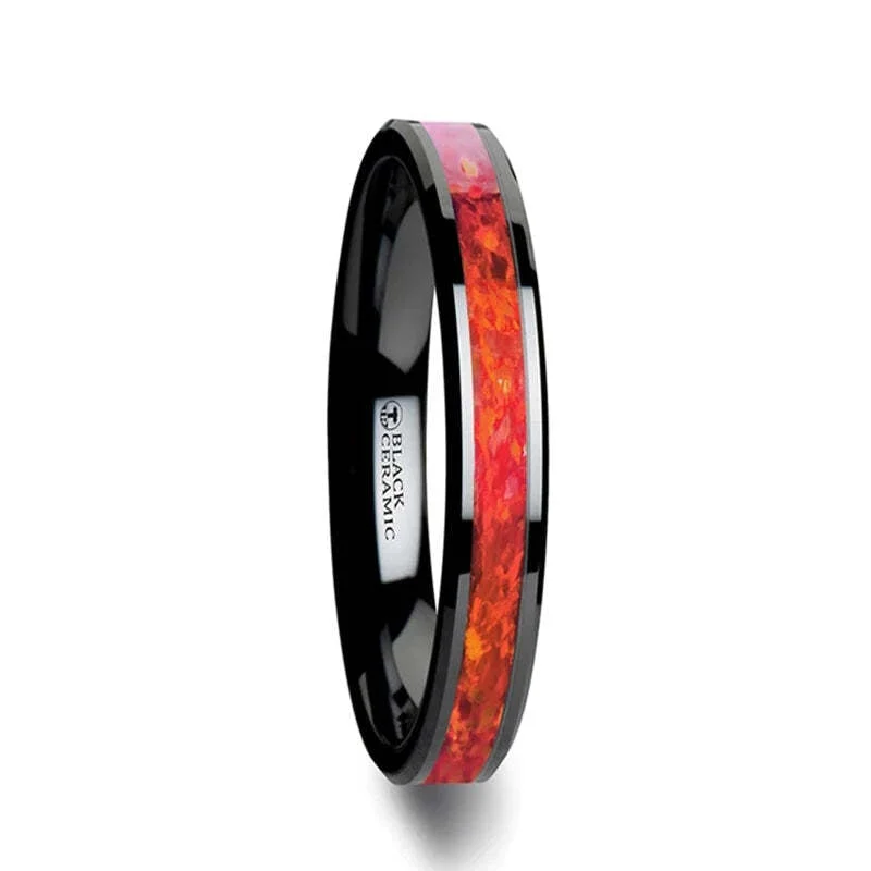 Women’s elegant statement rings-Black Ceramic Women's Wedding Band with Red Opal Inlay