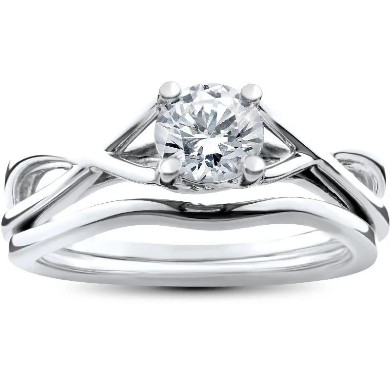 Women’s hidden halo engagement rings-1/2ct Intertwined Diamond Engagement Ring Set 14K White Gold