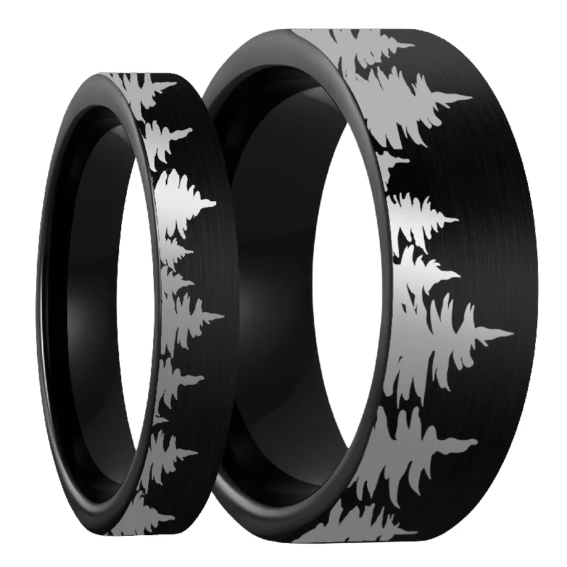 Customizable rings for women-Treeline Brushed Black Tungsten Couple's Matching Wedding Band Set