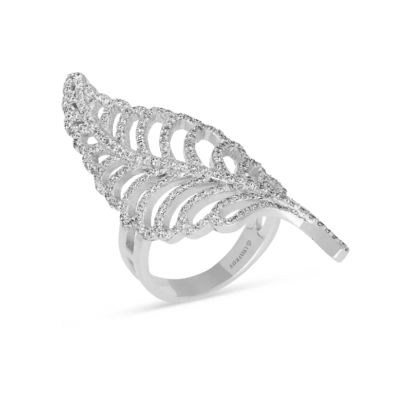 Women’s diamond engagement rings-Diamond Pave Curved Leaf Elongated Ring