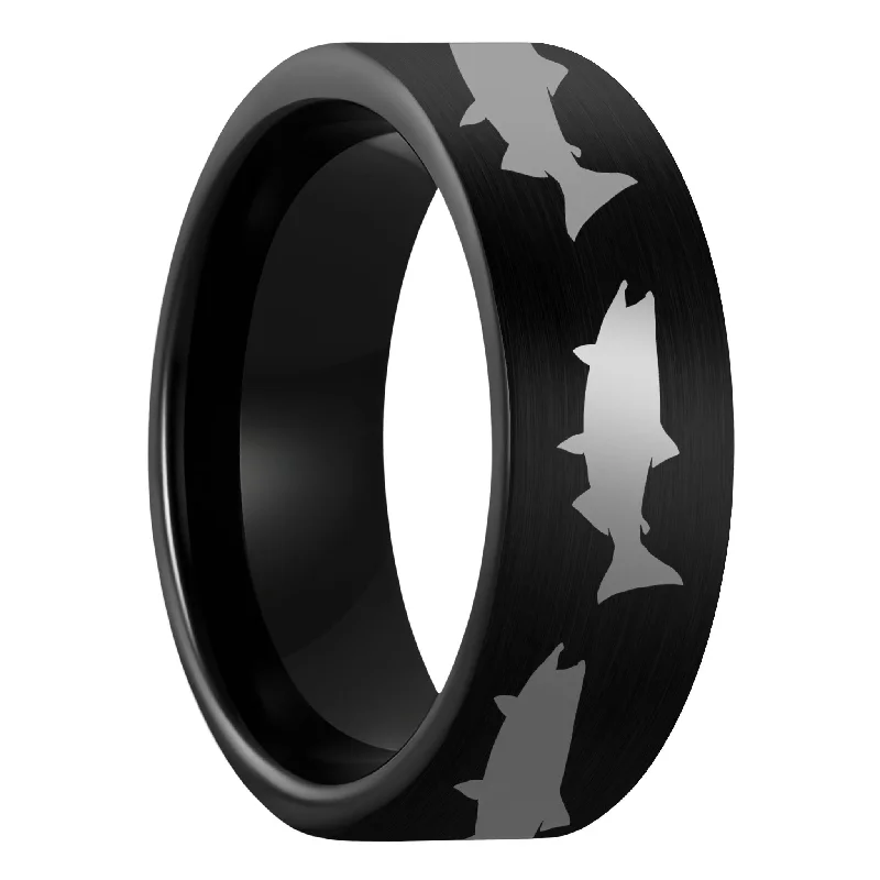 Women’s double band rings-Salmon Fish Brushed Black Tungsten Men's Wedding Band