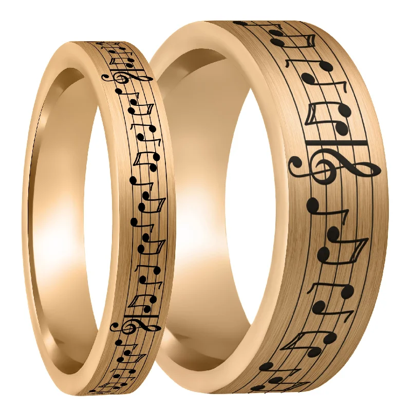 Women’s oversized rings-Custom Song Music Notes Brushed Rose Gold Tungsten Couple's Matching Ring Set