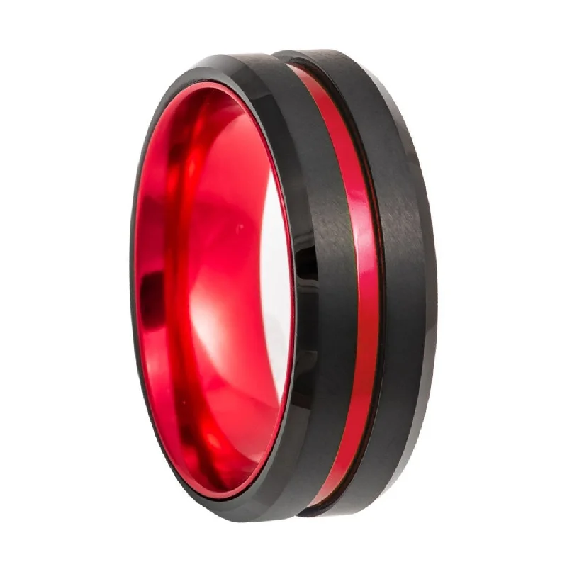 Solitaire rings for women-Black Tungsten Men's Wedding Band with Red Groove