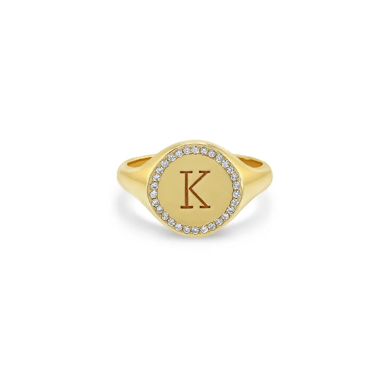 Women’s minimalist engagement rings-14k Medium Engraved Initial with Diamond Halo Round Signet Ring